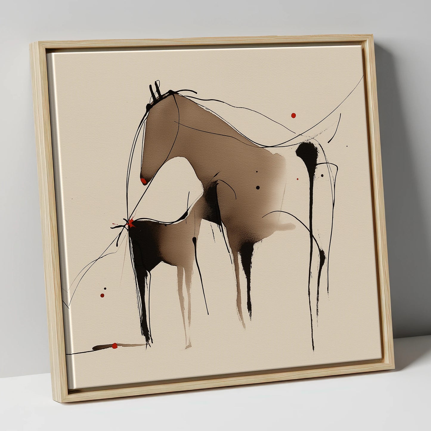 Minimalist Mare and Foal mare & foal canvas wall art in natural frame