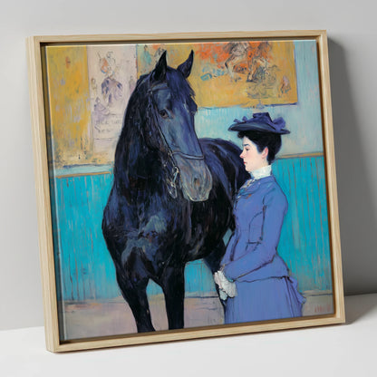 Elegant Acquaintance horse & rider canvas wall art in natural frame
