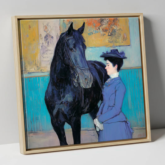 Elegant Acquaintance horse & rider canvas wall art in natural frame