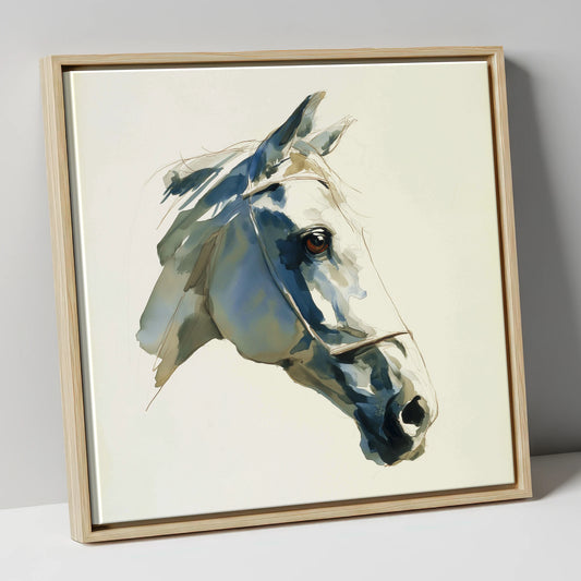 Sapphire Gaze in Indigo horse portrait canvas wall art in natural frame