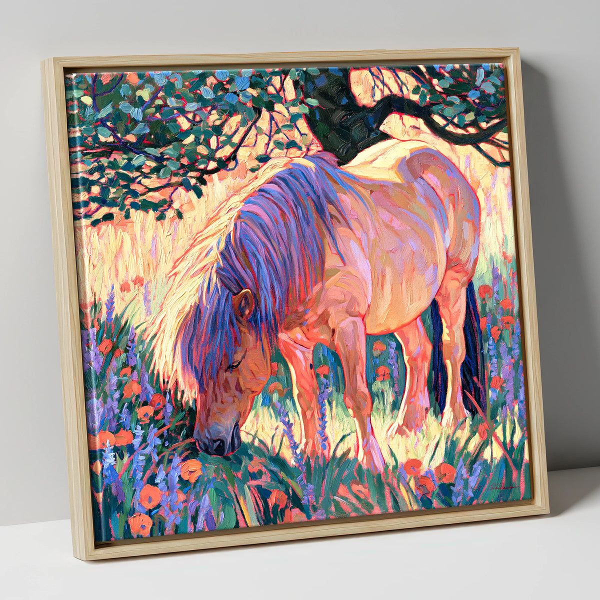 Vibrant Grazing Pony In Meadow horse breed canvas wall art in natural frame