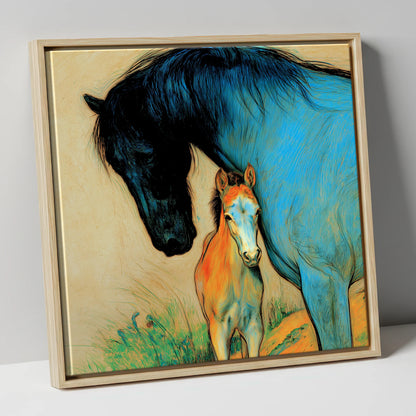 Vivid Devotion mare & foal canvas wall art in natural frame