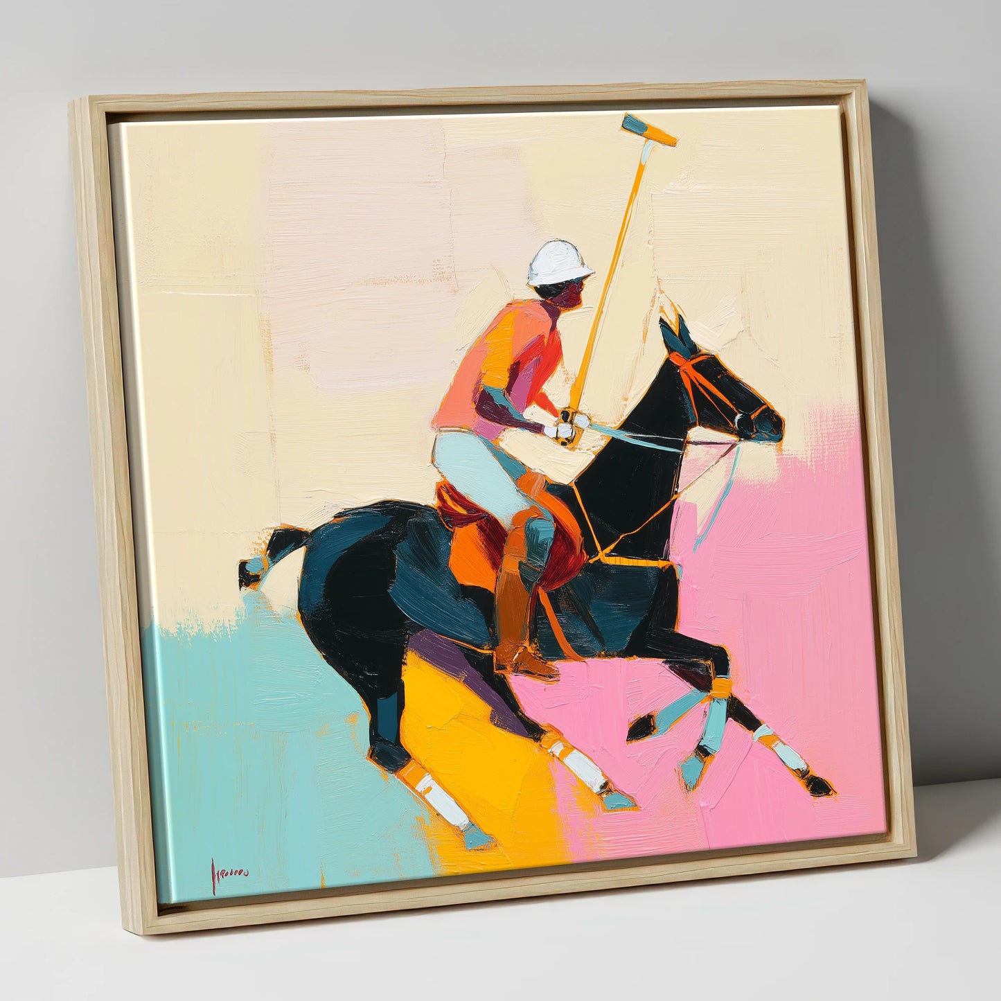 The Vibrant Chukka polo horse canvas wall art in natural frame