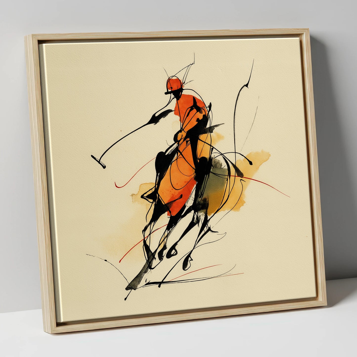 The Decisive Strike polo horse canvas wall art in natural frame