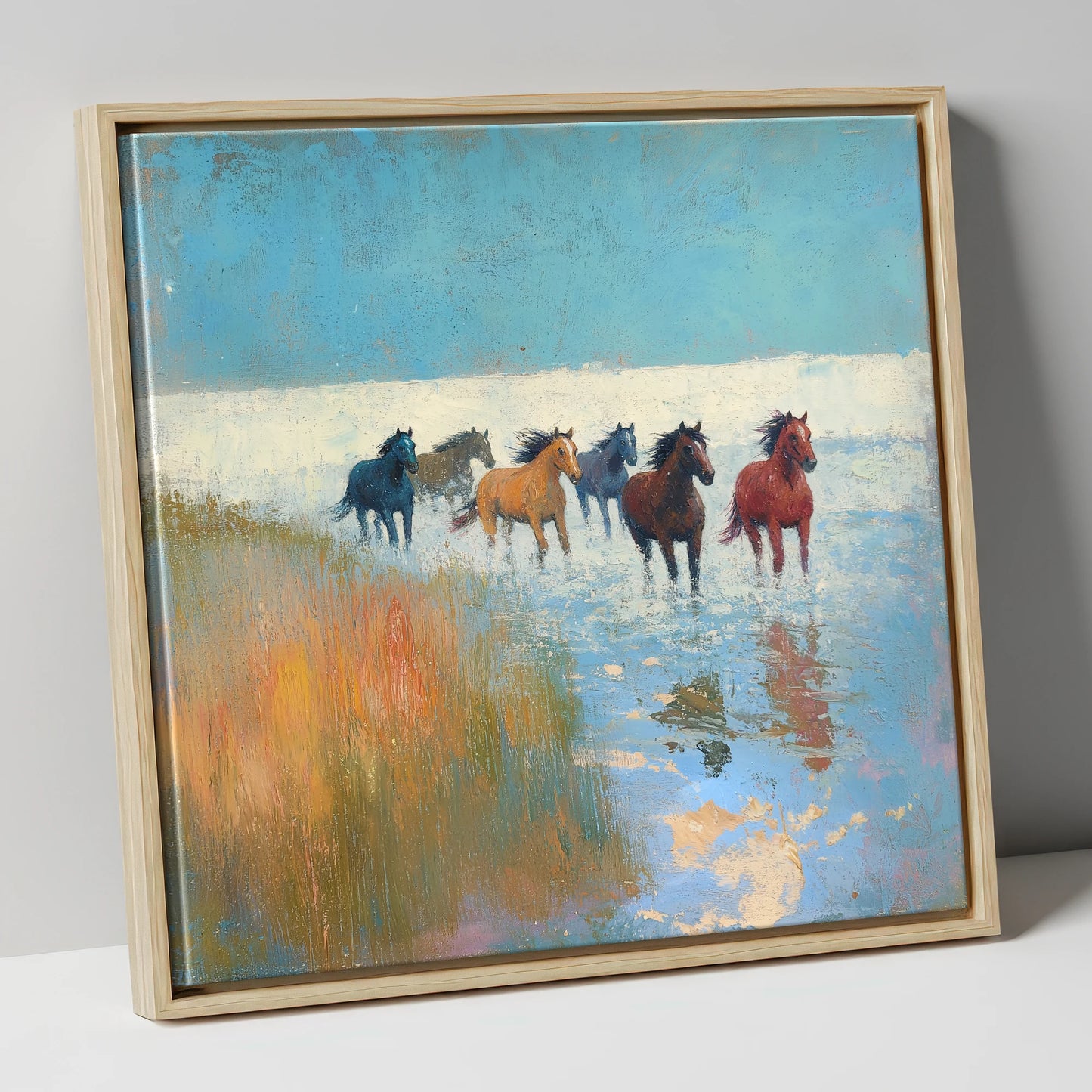 Through the Shallows wild horses canvas wall art in natural frame