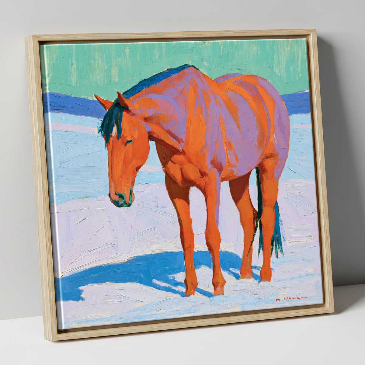 Vivid Chestnut Horse in Snow horse breed canvas wall art in natural frame