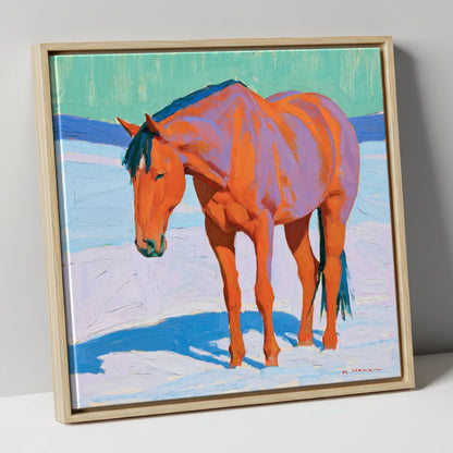 Vivid Chestnut Horse in Snow horse breed canvas wall art in natural frame