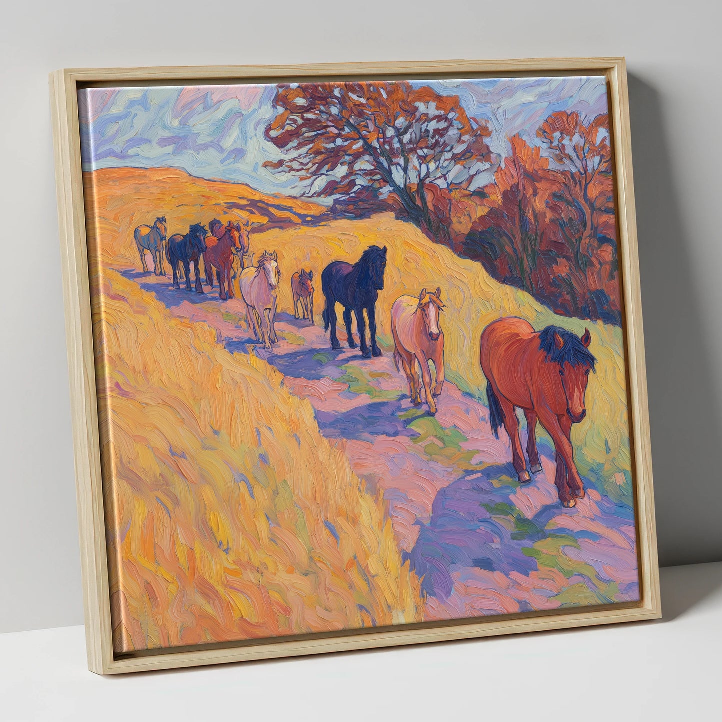 Homeward Bound Herd horse landscape canvas wall art in natural frame