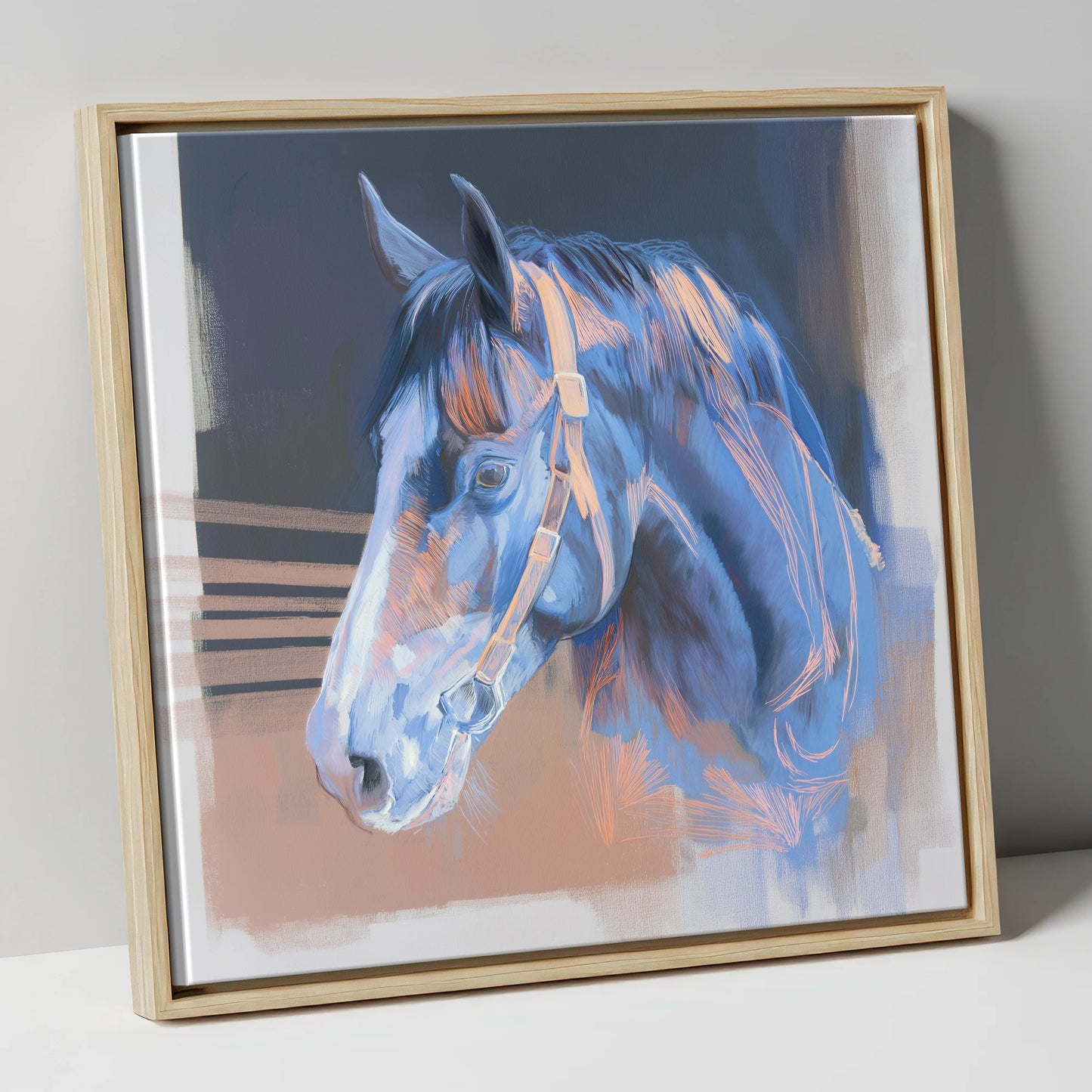 Serene Blue Profile horse portrait canvas wall art in natural frame