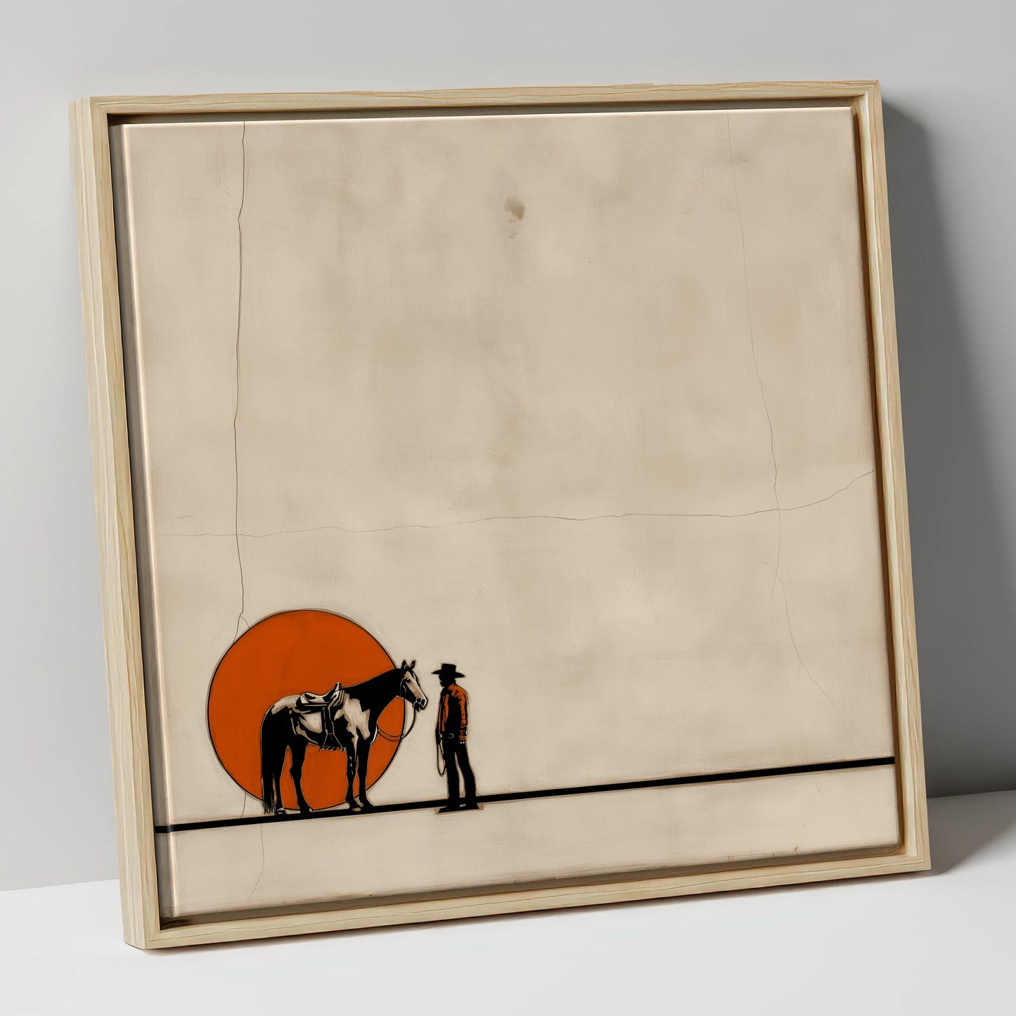 Frontier Sun Silhouette western horse canvas wall art in natural frame