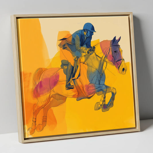 Flight in Colour show jumping horse canvas wall art in natural frame