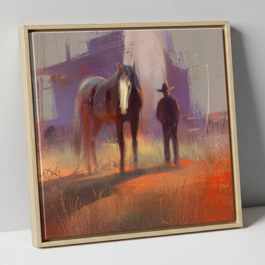 Sundown on the Trail western horse canvas wall art in natural frame