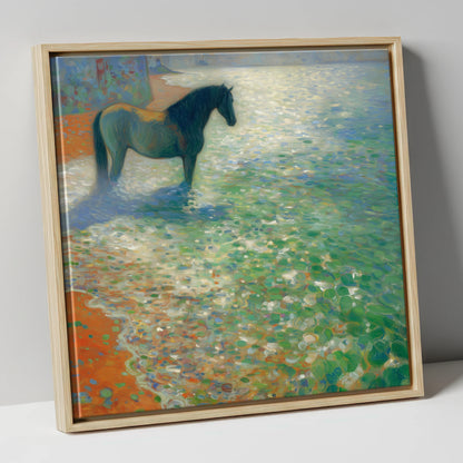 Sunlit Coastal Shallows beach horse canvas wall art in natural frame