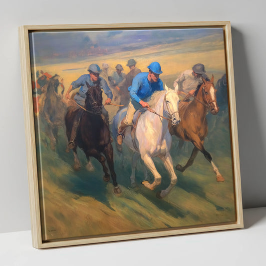 The Blue Silks racing horse canvas wall art in natural frame