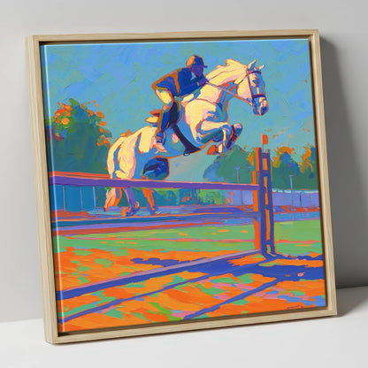 Vibrant Clearance show jumping horse canvas wall art in natural frame