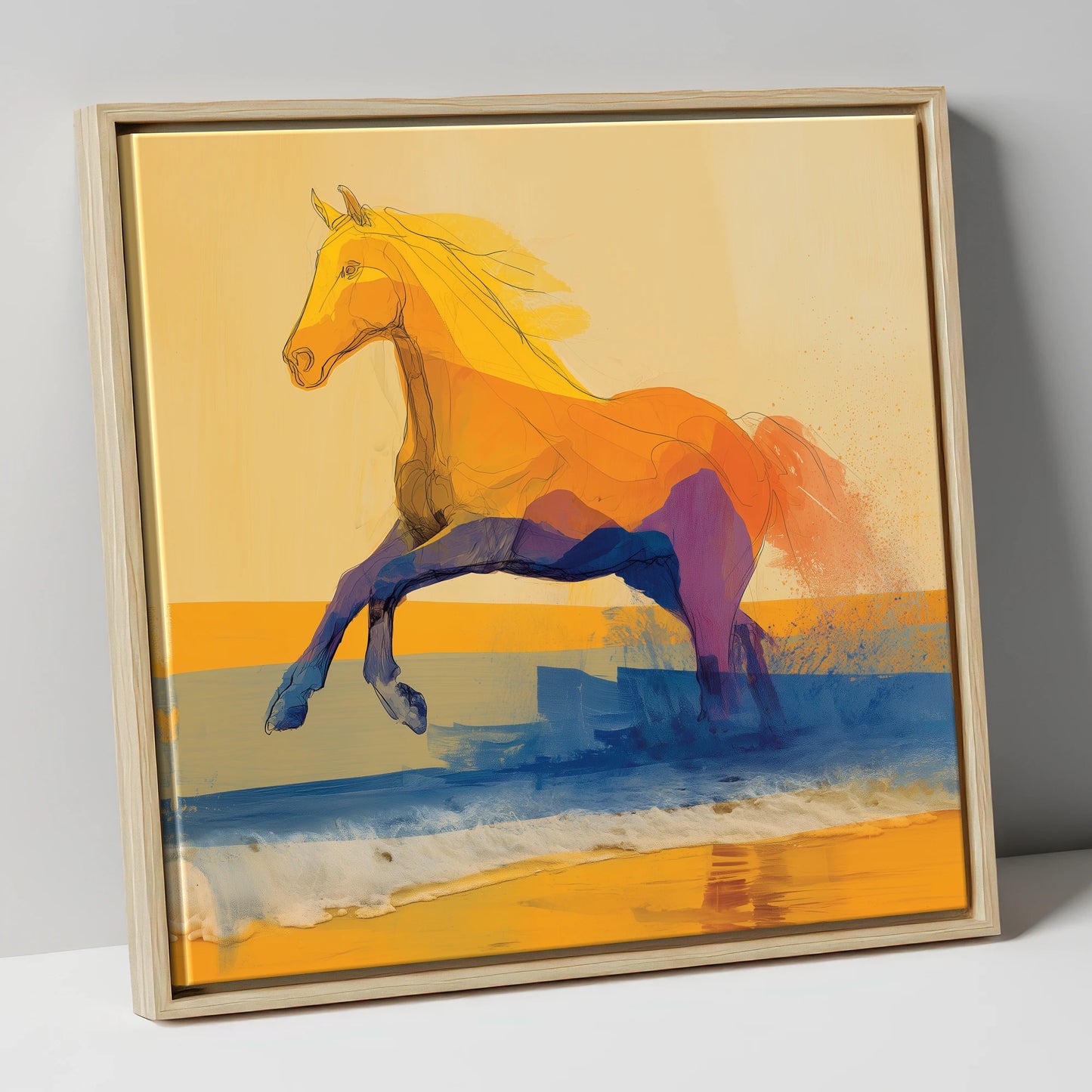 Vivid Coastal Bound beach horse canvas wall art in natural frame