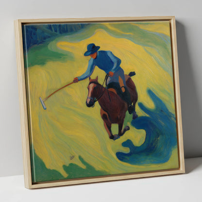 Sunlit Polo Swing polo horse canvas wall art in natural frame