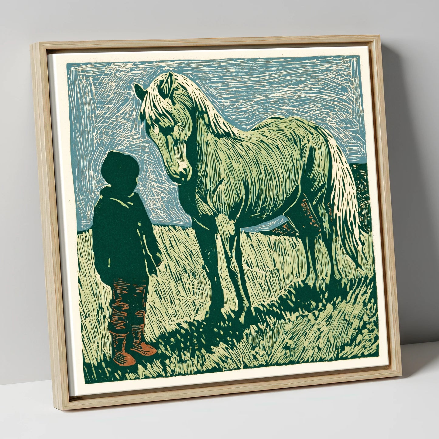 The Silent Bond horse & rider canvas wall art in natural frame