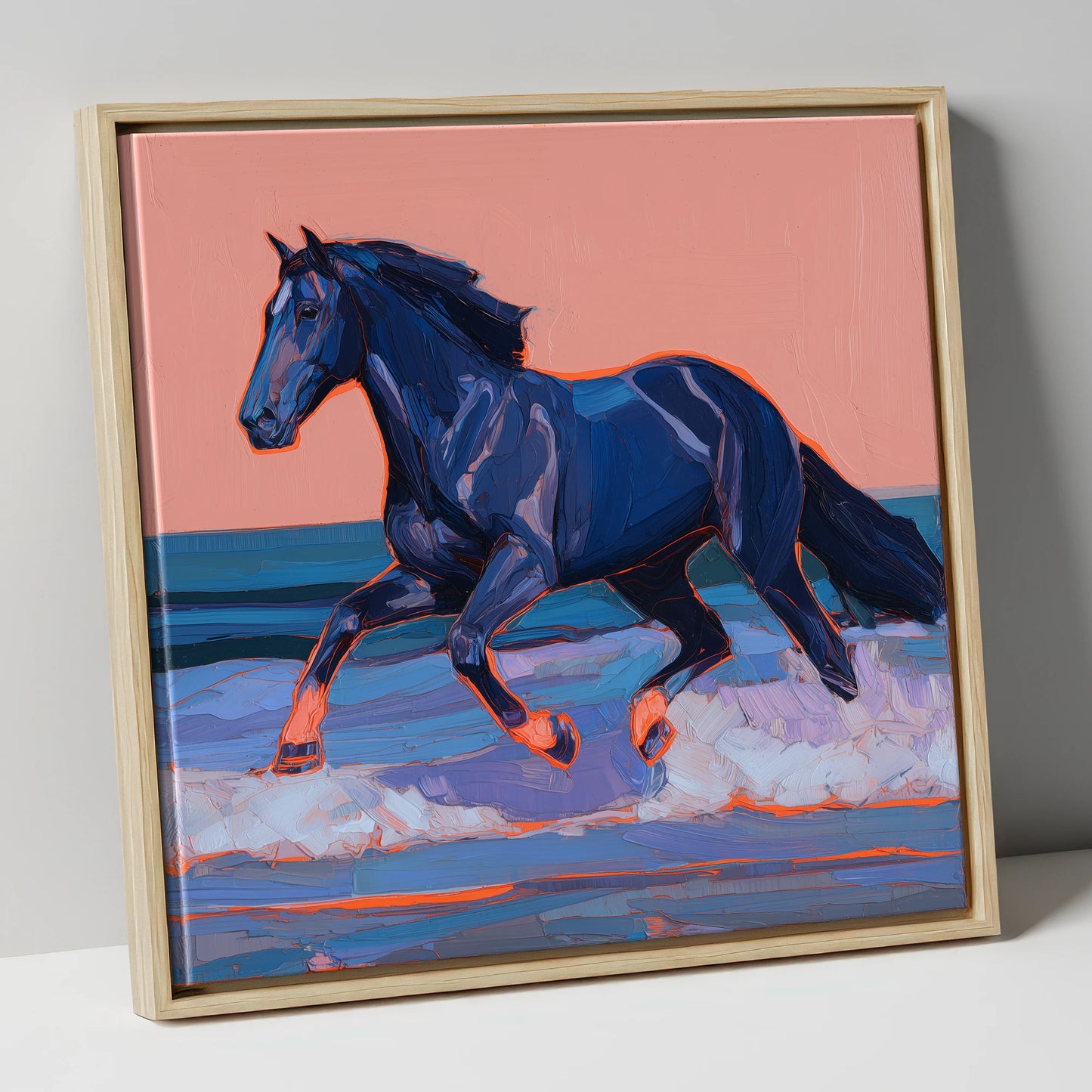 Indigo Surf Canter beach horse canvas wall art in natural frame