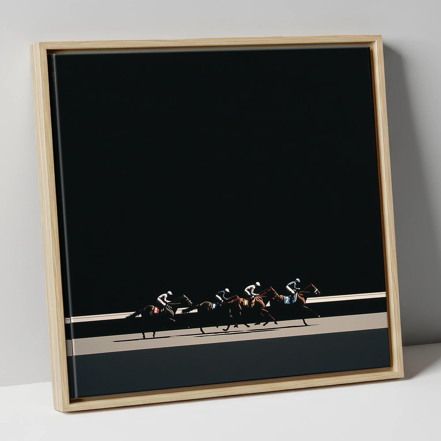 The Midnight Gallop racing horse canvas wall art in natural frame