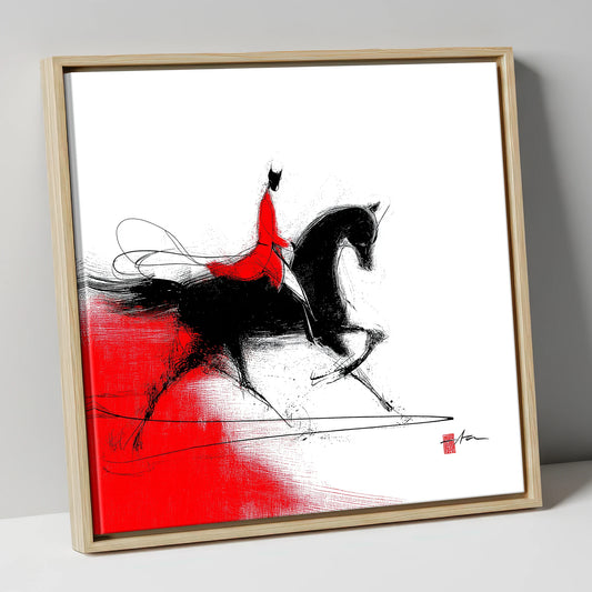 Silhouette in Crimson dressage horse canvas wall art in natural frame