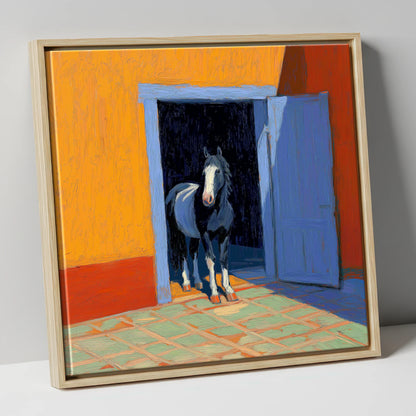 Sunlit Stable Doorway horse stable canvas wall art in natural frame