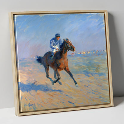The Morning Gallop racing horse canvas wall art in natural frame