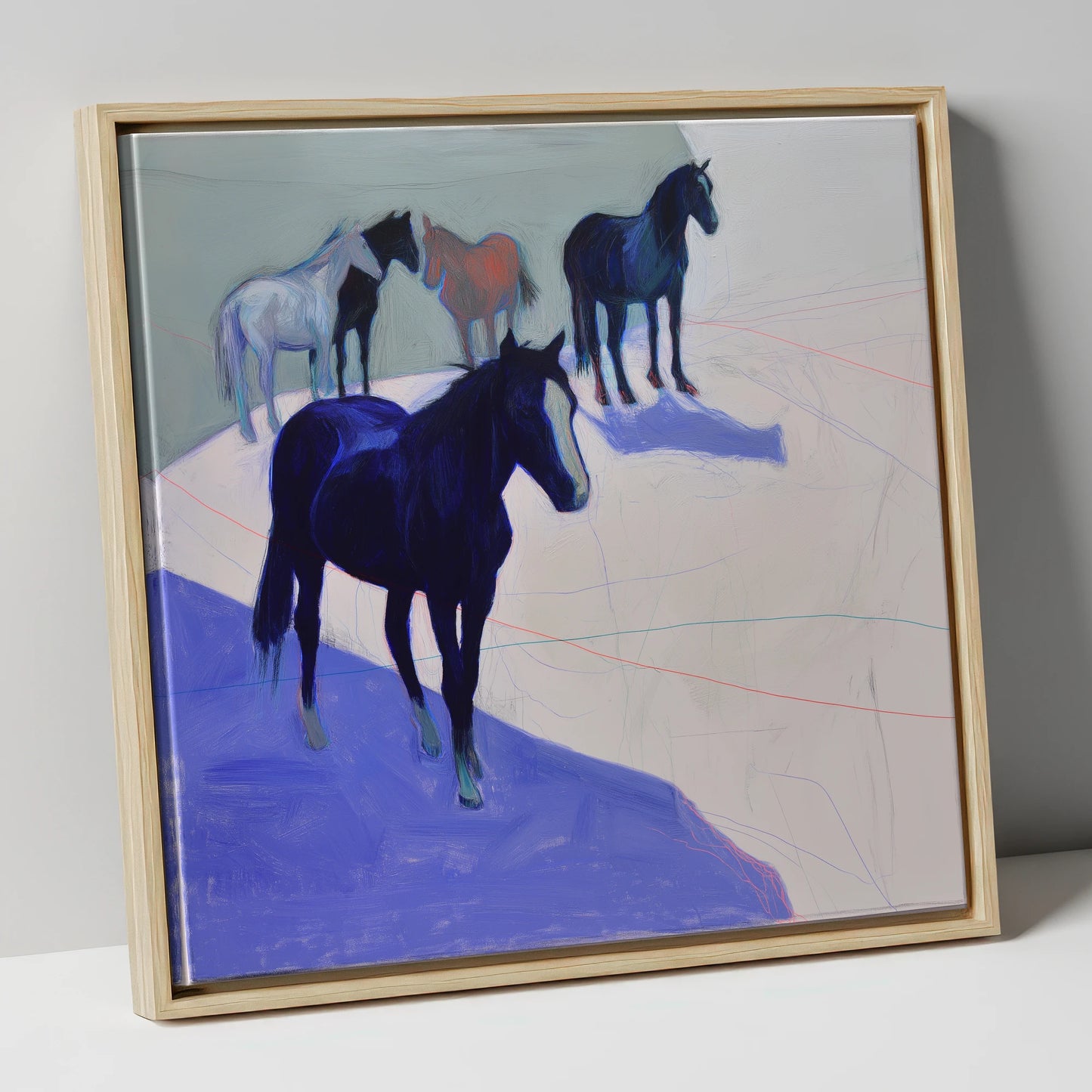 Abstract Herd in Blue wild horses canvas wall art in natural frame