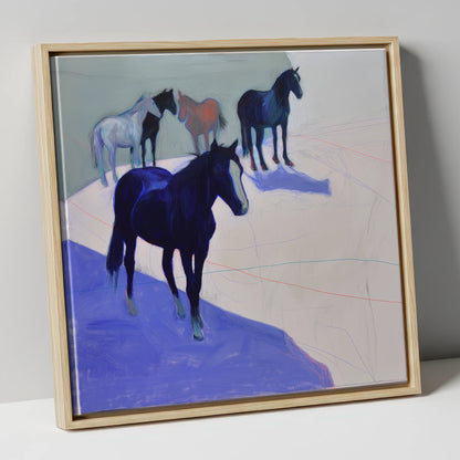 Abstract Herd in Blue wild horses canvas wall art in natural frame