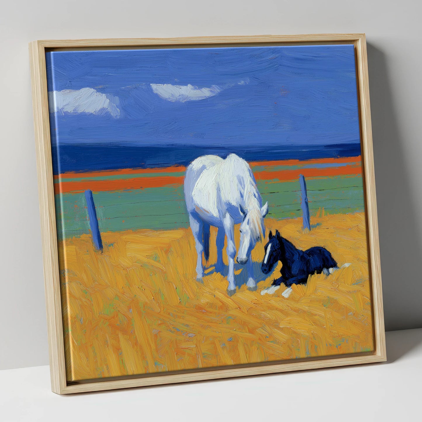 Sunlit Mare and Foal mare & foal canvas wall art in natural frame