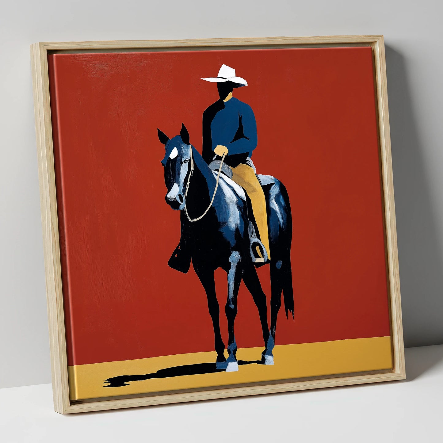 The Crimson Frontier Rider western horse canvas wall art in natural frame