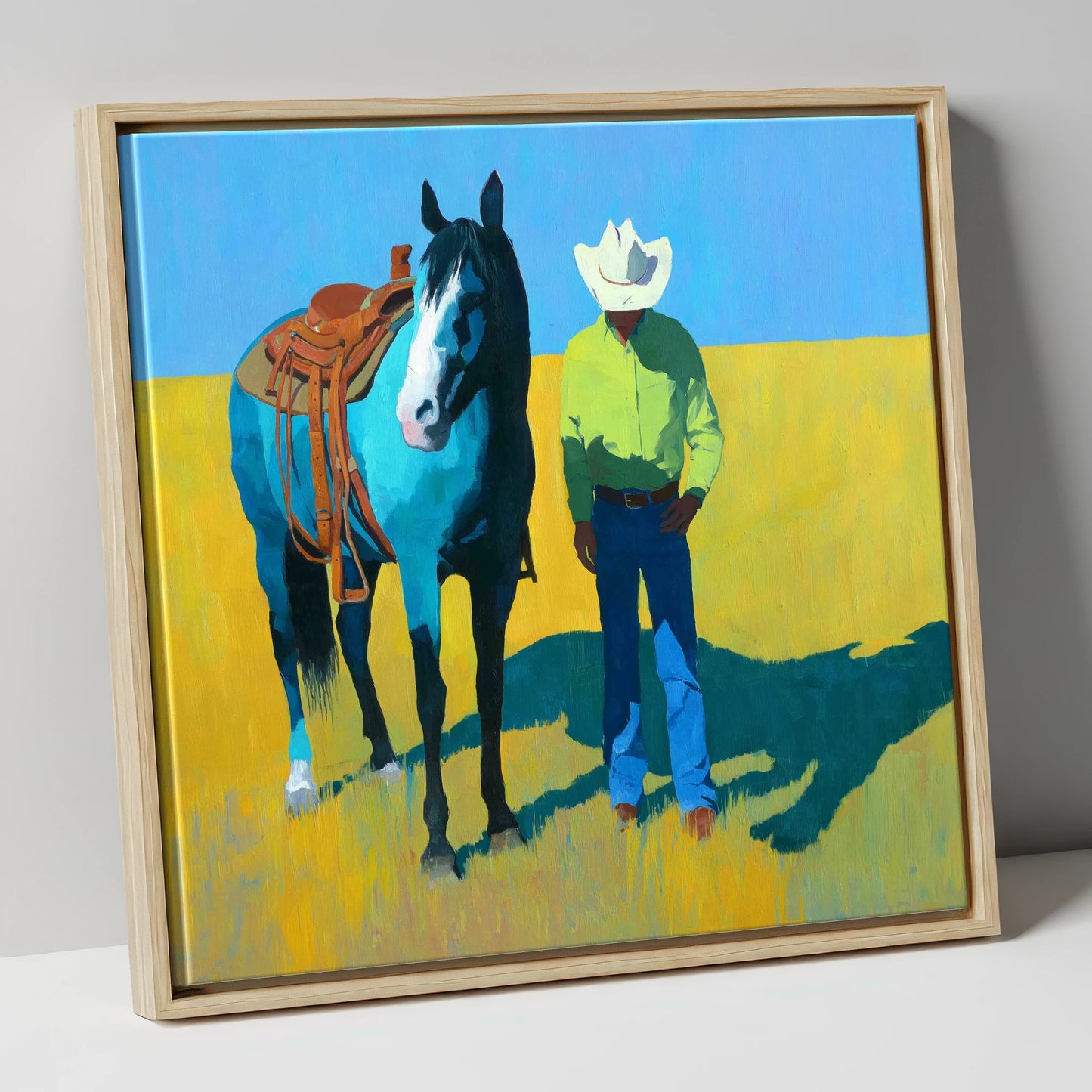 Vibrant High Plains Companion western horse canvas wall art in natural frame
