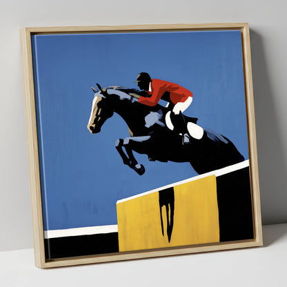 Suspended in Blue show jumping horse canvas wall art in natural frame