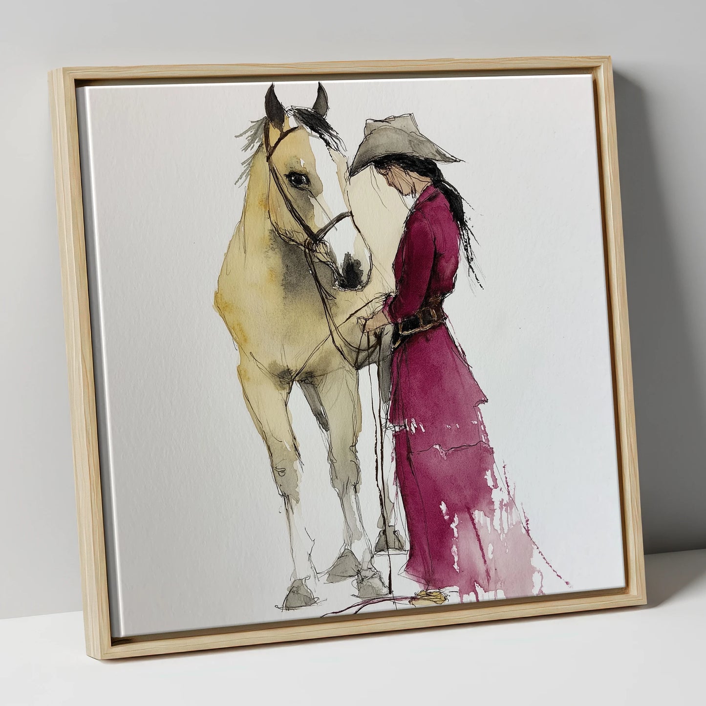 A Quiet Understanding horse & rider canvas wall art in natural frame