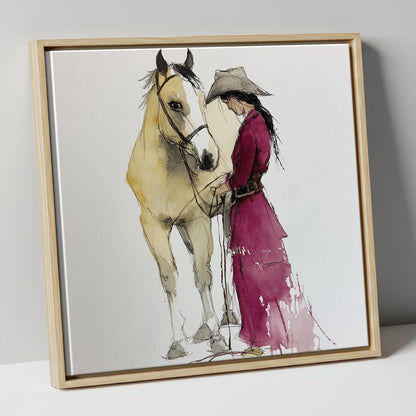 A Quiet Understanding horse & rider canvas wall art in natural frame