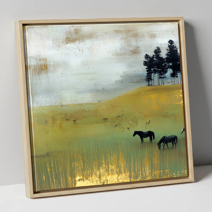 Gilded Grazing wild horses canvas wall art in natural frame