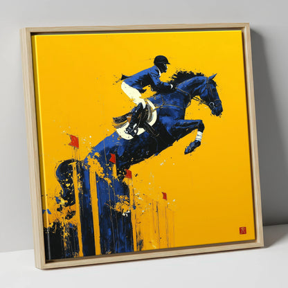 Indigo Ascent show jumping horse canvas wall art in natural frame