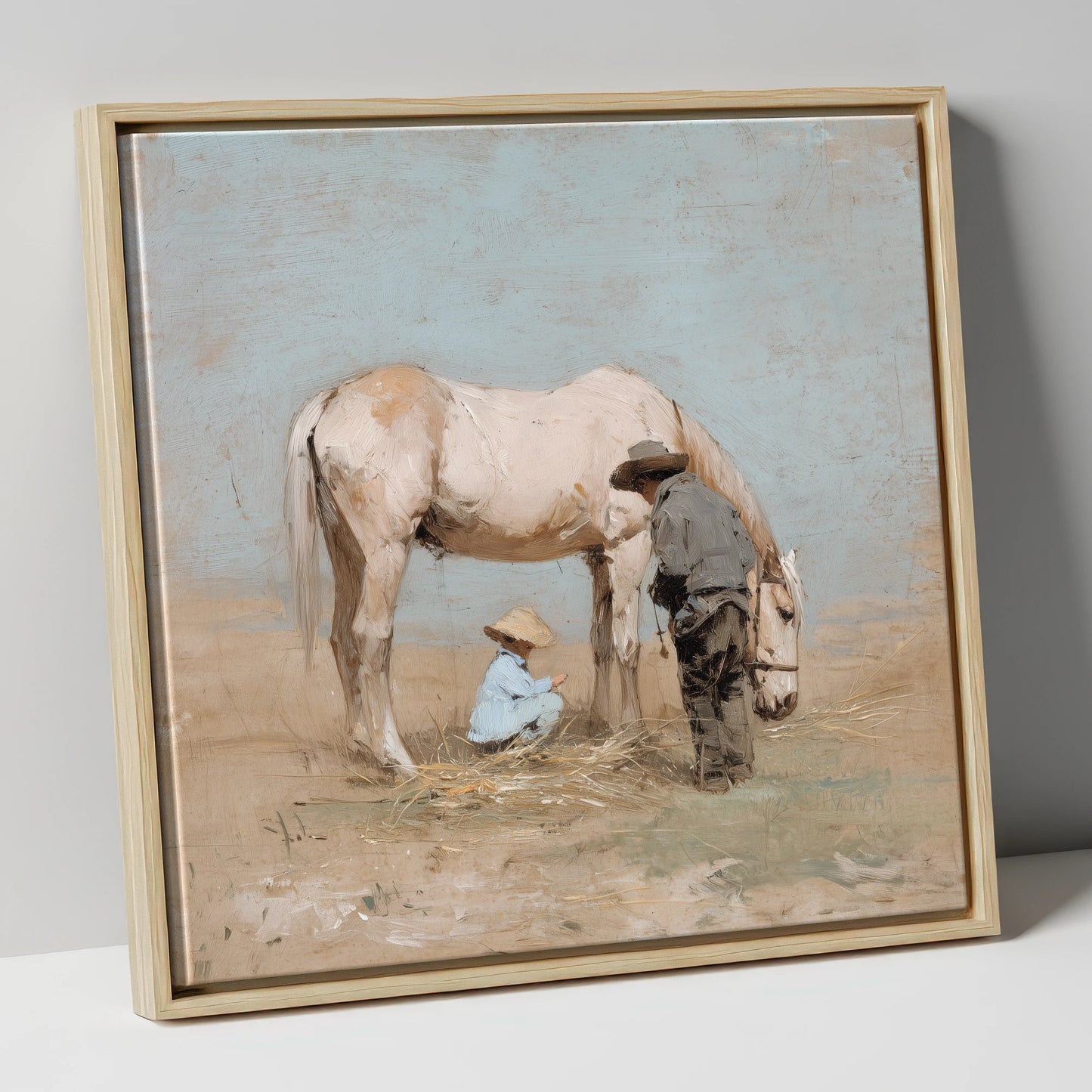 Sunlit Companions horse & rider canvas wall art in natural frame
