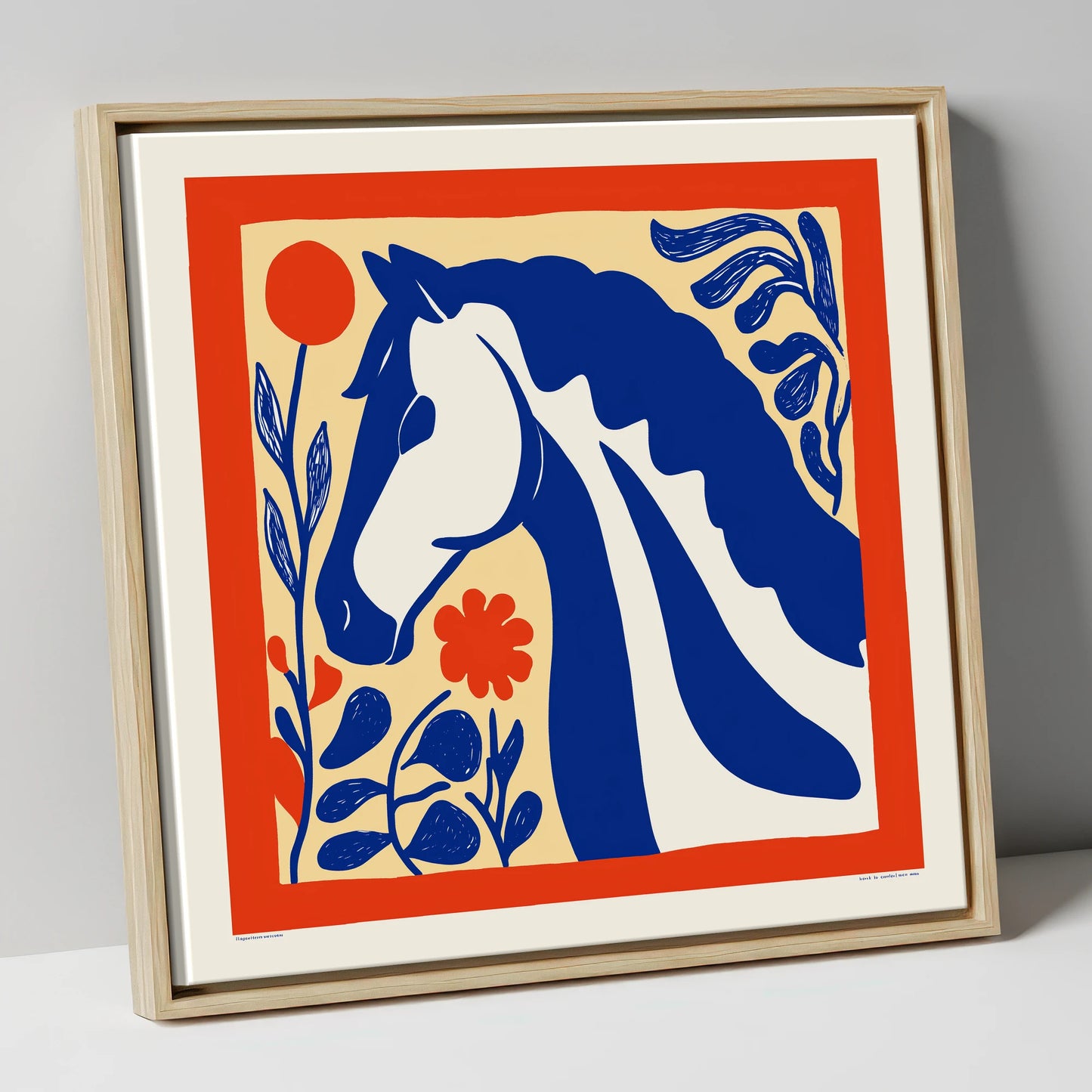 Cobalt Botanical Equine horse portrait canvas wall art in natural frame