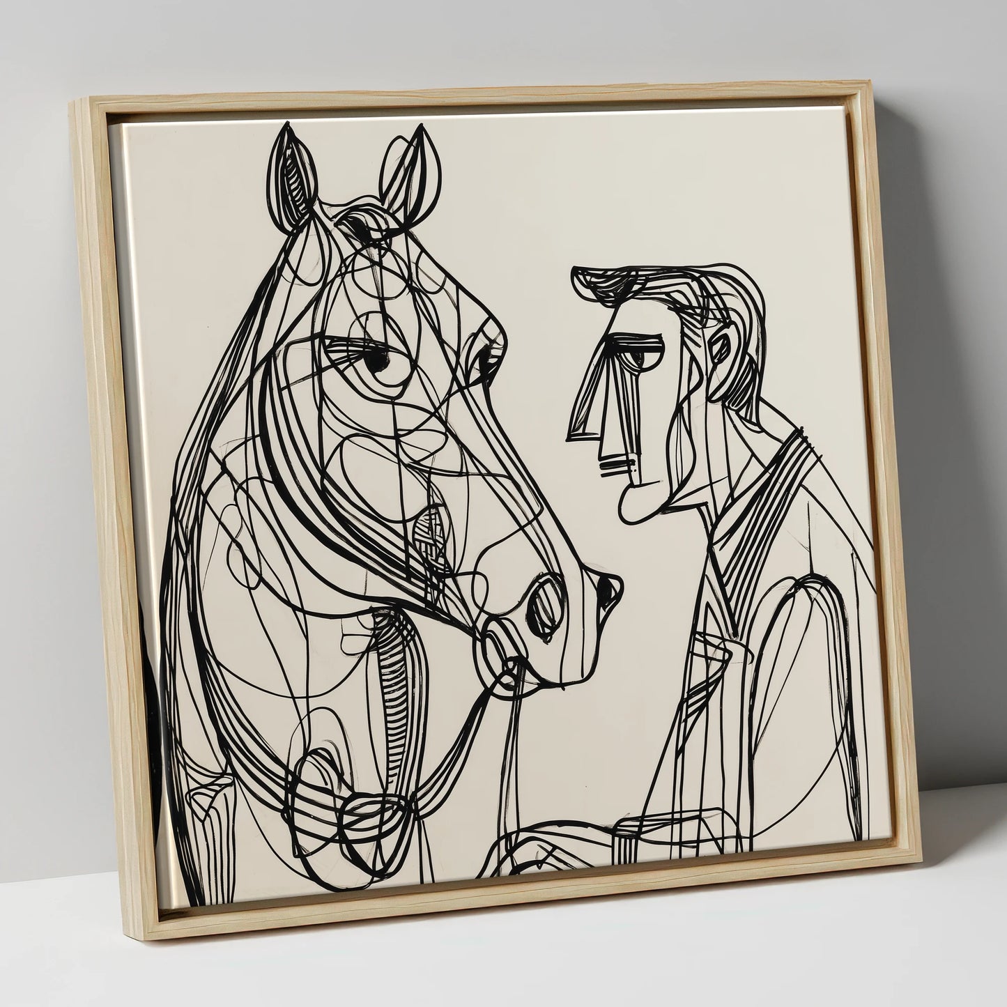 Modern Connection horse & rider canvas wall art in natural frame