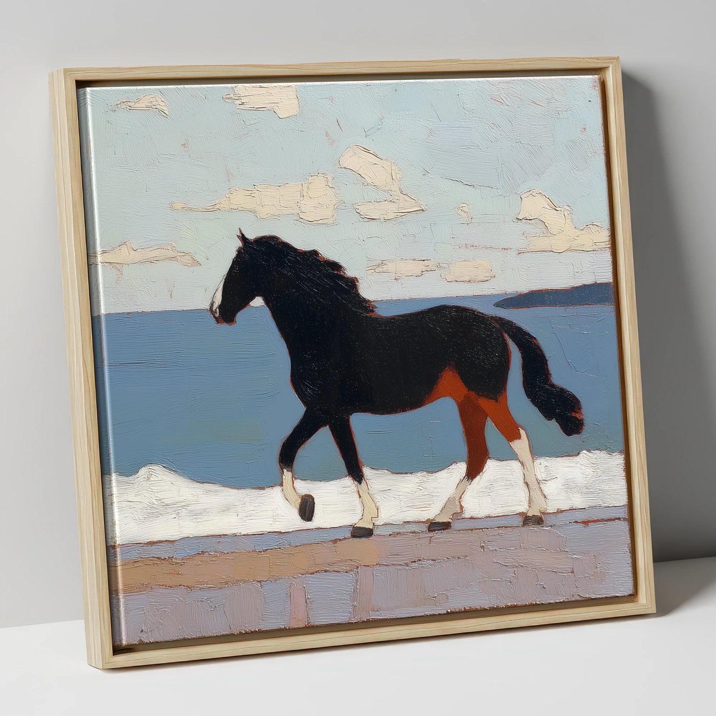 Seaside Stride horse landscape canvas wall art in natural frame