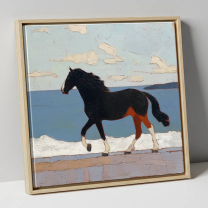 Seaside Stride horse landscape canvas wall art in natural frame