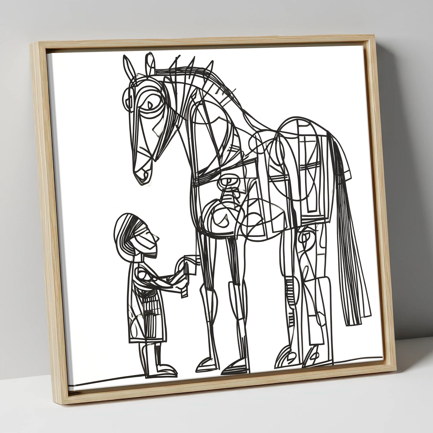 Linear Harmony horse & rider canvas wall art in natural frame