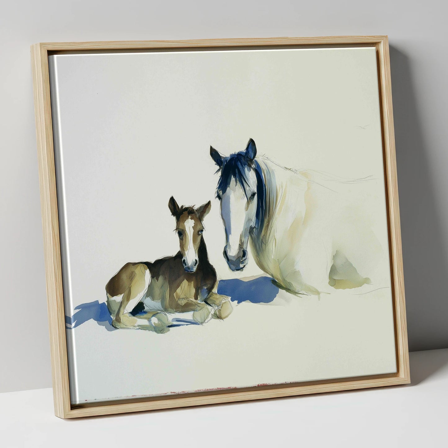 Quiet Devotion mare & foal canvas wall art in natural frame