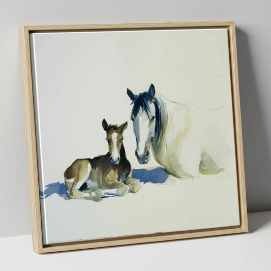 Quiet Devotion mare & foal canvas wall art in natural frame