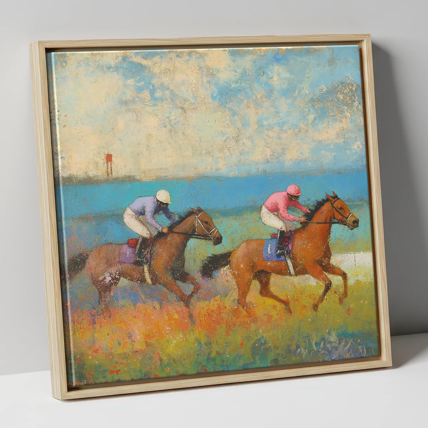 Turf and Tide racing horse canvas wall art in natural frame