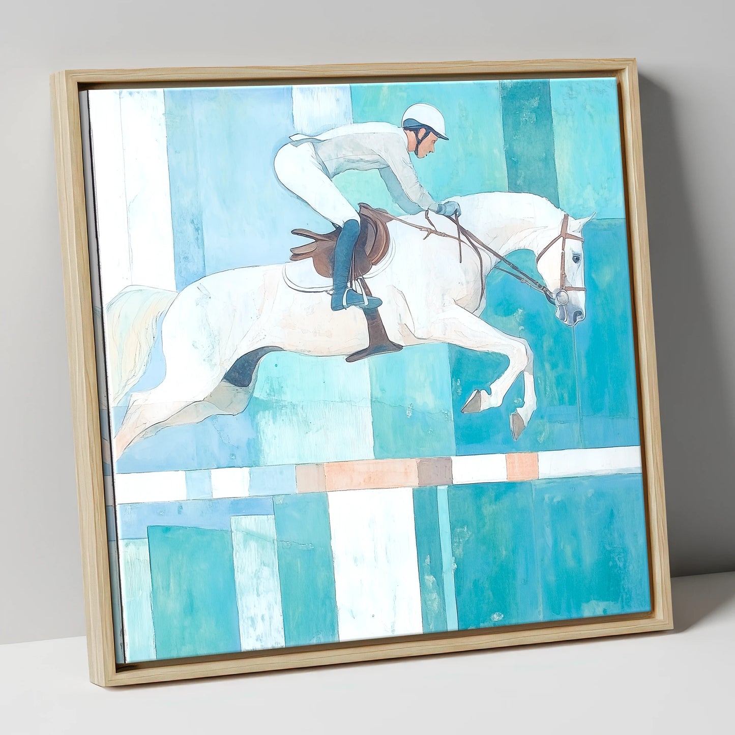 Aquamarine Ascent show jumping horse canvas wall art in natural frame