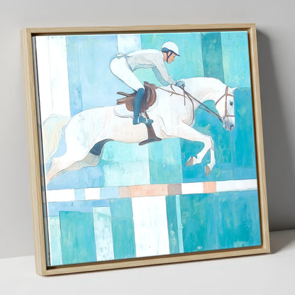 Aquamarine Ascent show jumping horse canvas wall art in natural frame