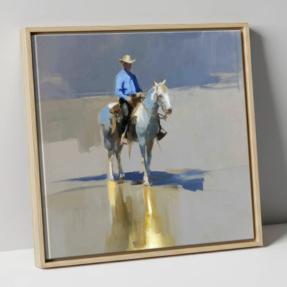 The Sunlit Rider western horse canvas wall art in natural frame