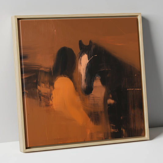 Black Horse and Rider in Amber horse & rider canvas wall art in natural frame